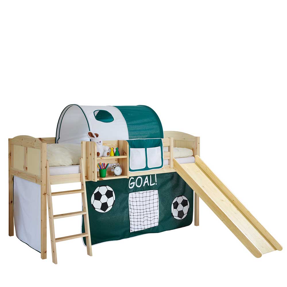 Fußballzimmer Hochbett aus Holz mit Rutsche mit Stoff Tunnel & Vorhang Orenci