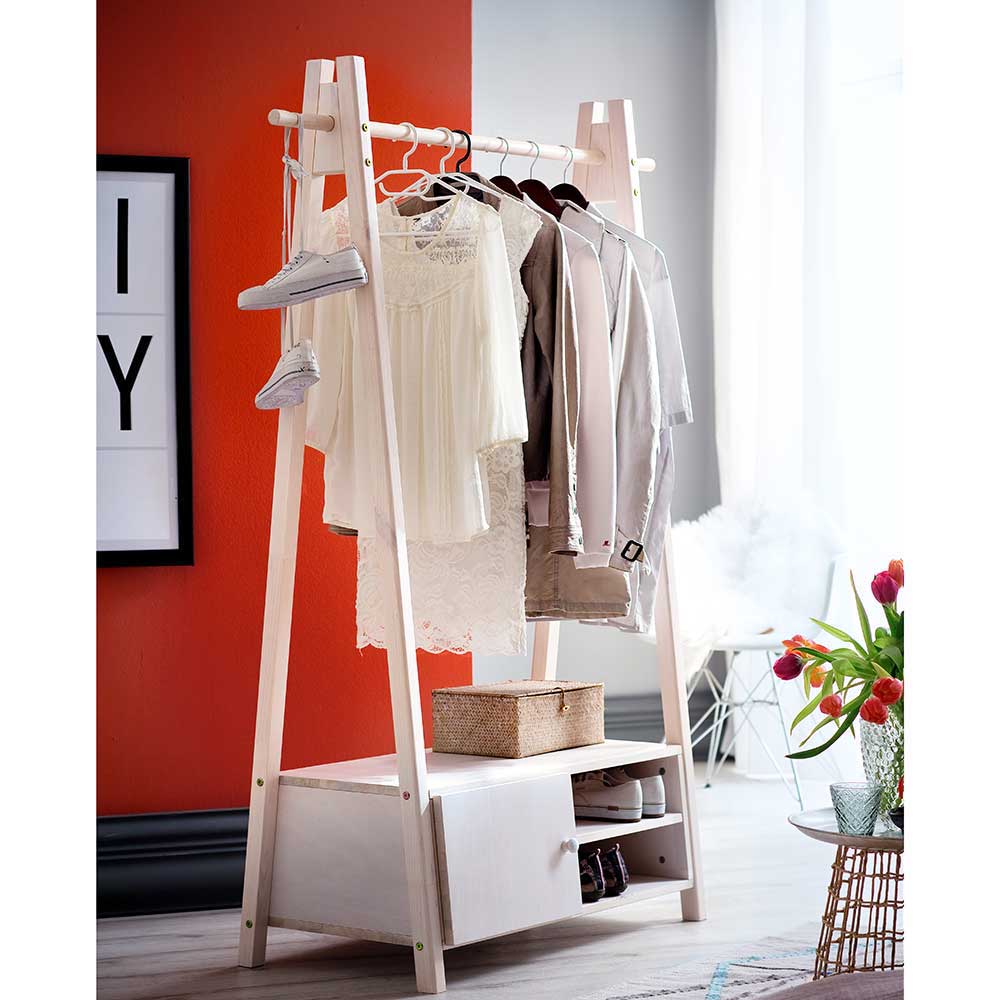 Garderobe Kleiderständer in Weiß lasiert Fichtenholz massiv 125x170x47 Sidlera