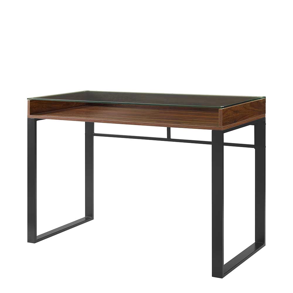 Glas Schreibtisch in Walnuss Holzoptik und Schwarz mit Ablagefach Fanandro