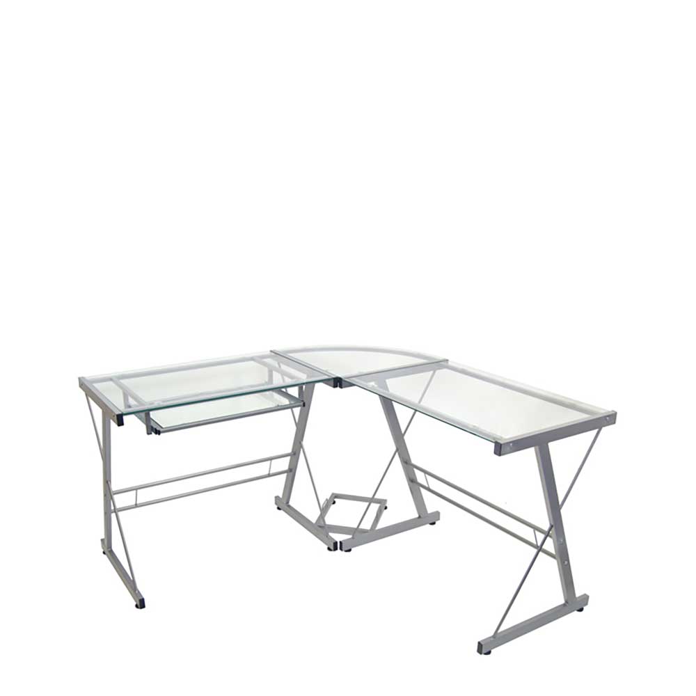 Glas Schreibtisch mit Tastaturauszug auf Kufen aus Stahl in Silber - Winkelmodell Baluna