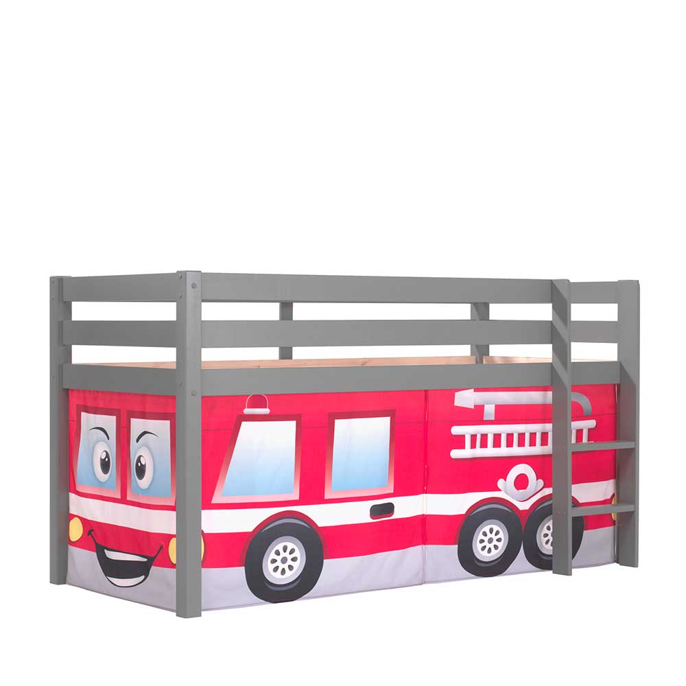 Graues Kinder Hochbett Feuerwehr in Grau mit Vorhang-Set Spirico