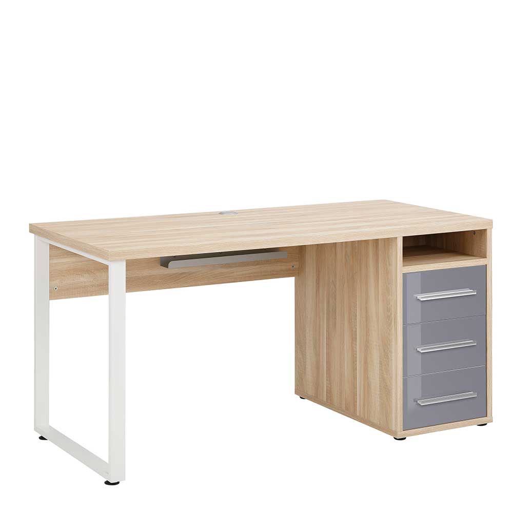 Großer Schreibtisch 150x70 cm in Eiche & Grau mit Schubladen Xedno