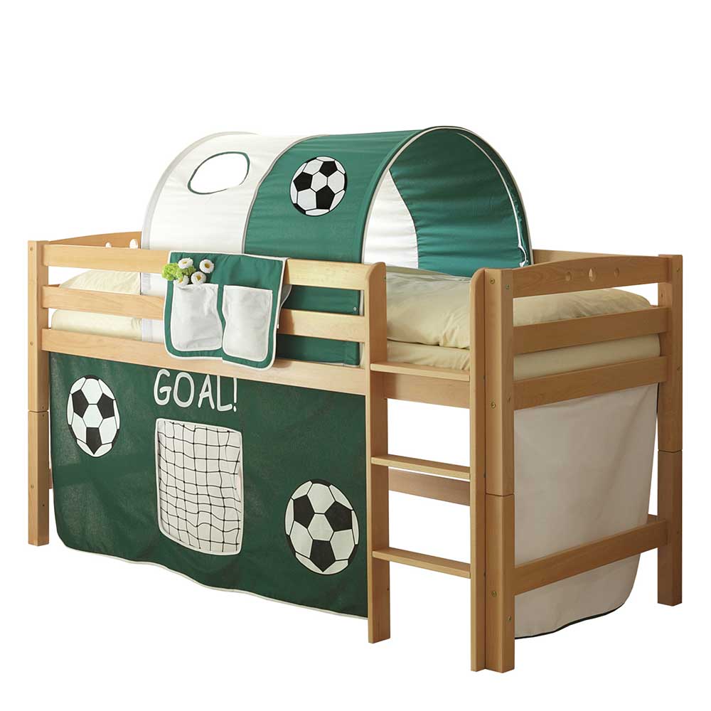 Halbhohes Fußball Kinderbett in Buche Natur mit Stoff Grün Weiß Nadezdan