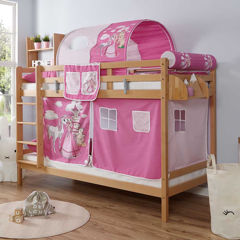 Hochbett für zwei Kinder aus Buche mit Prinzessin Stoffset Pink Rosa Loisango