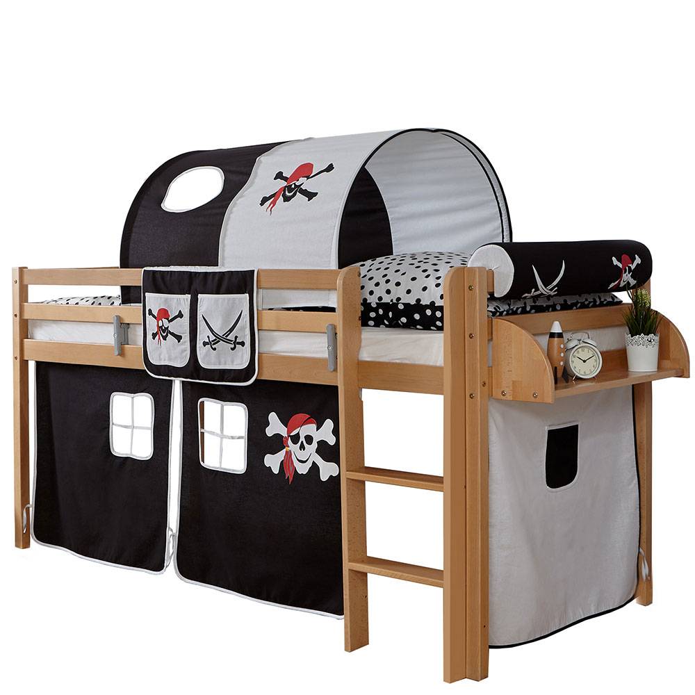 Hochbett Kinder Piratenbett in Buche mit Stoff Ausstattung Schwarz Weiß Ongo