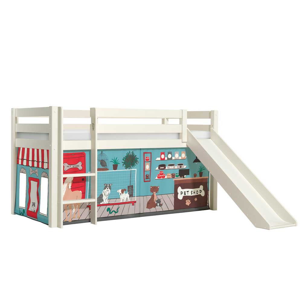 Hochbett Spielbett mit Haustier Shop Vorhang & Rutsche in Weiß Lissy