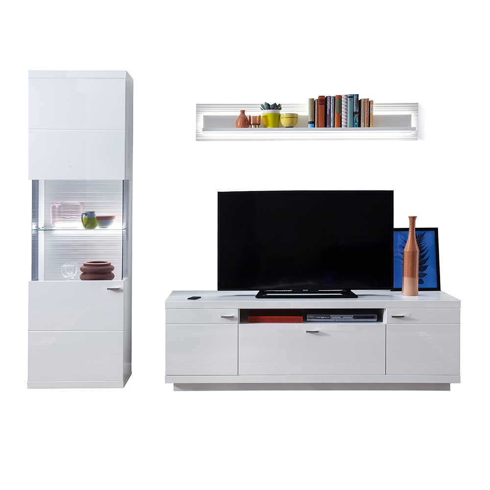 Hochglänzende TV Wohnwand Set in Weiß - modernes Design Masiela