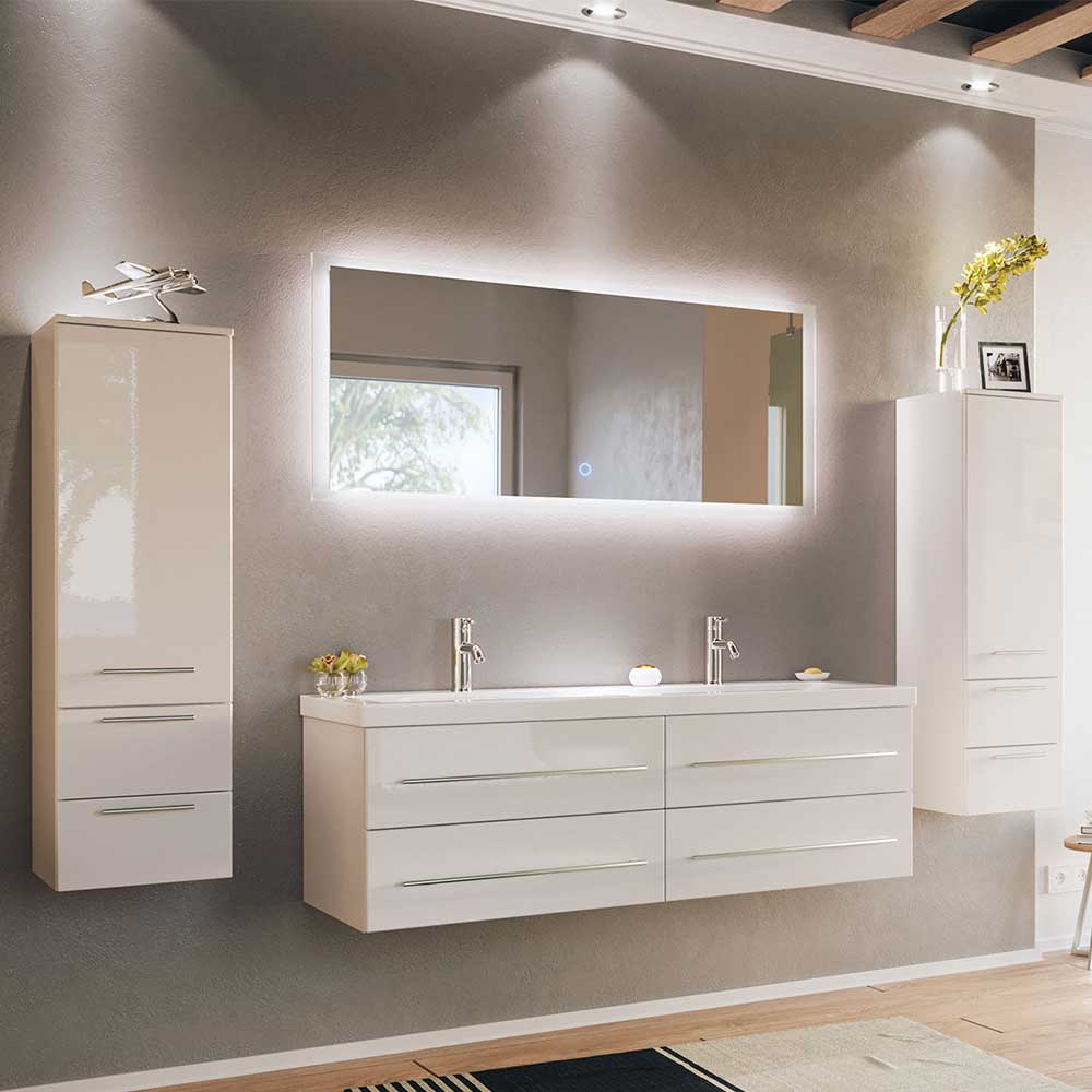 Hochglanz Badmöbel mit Doppel-Waschbecken in Weiß für die Wandmontage Emilina