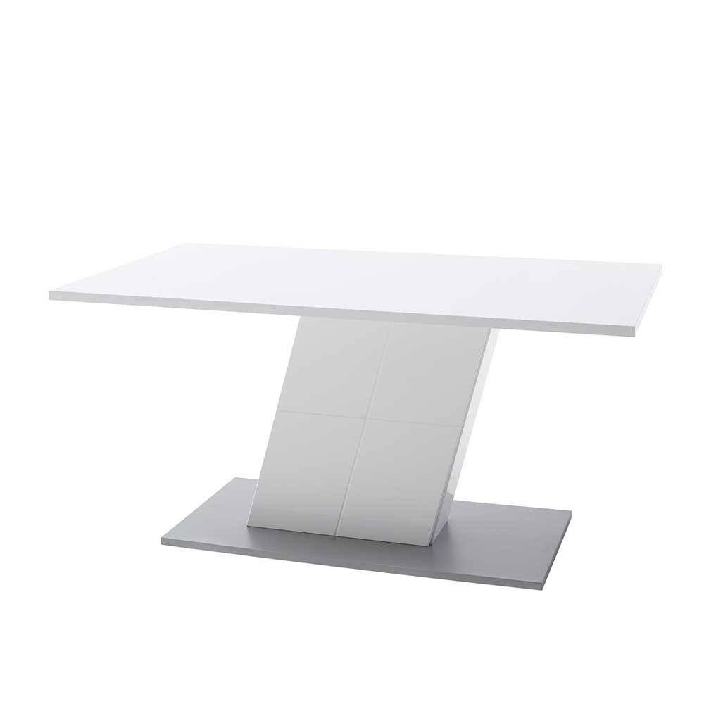 Hochglanz Küchen Tisch mit Säulengestell in Weiß mit Silber Jet