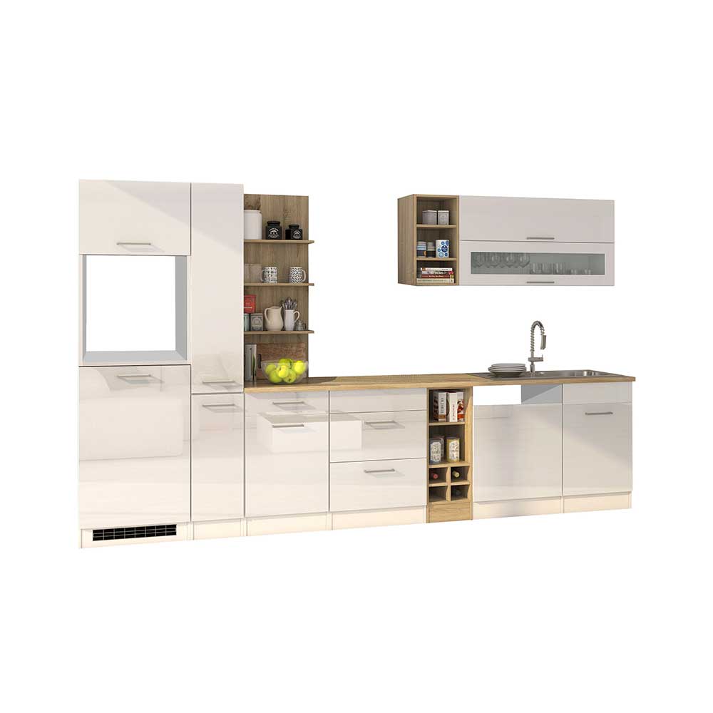 Hochglanz Küchenmöbel in Weiß & Eiche Dekor - 340cm Cuneo