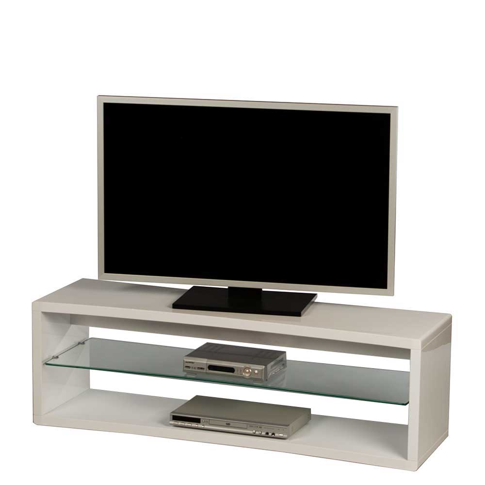 Hochglanz TV-Element mit Glasboden aus MDF in Weiß - 140x45x40 Amsolia