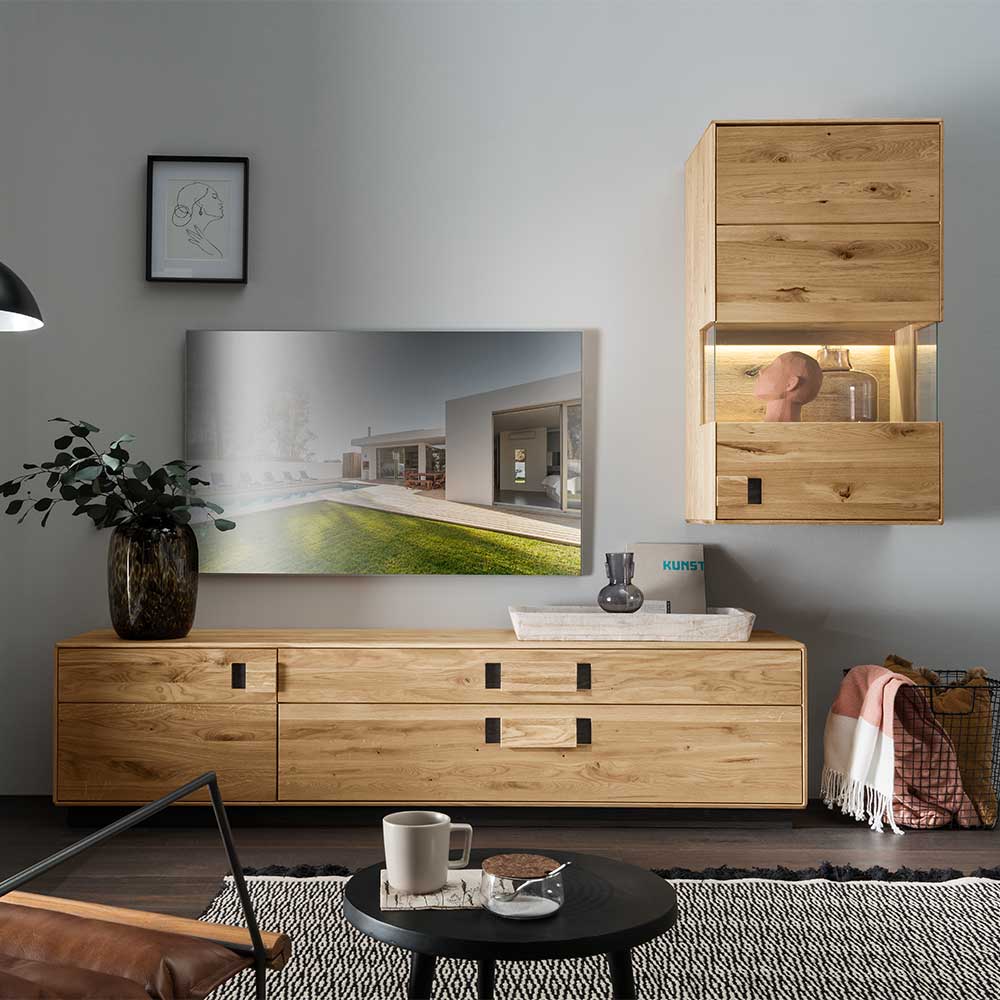 Hochwertige Wohnzimmermöbel Set aus Eiche & Wildeiche mit LED Xeddos
