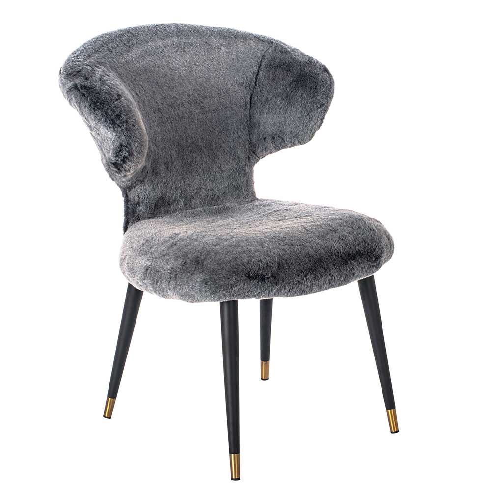 Hochwertiger Design Stuhl aus Kunstfell in Grau mit schwarzem Metallgestell Zarodrana