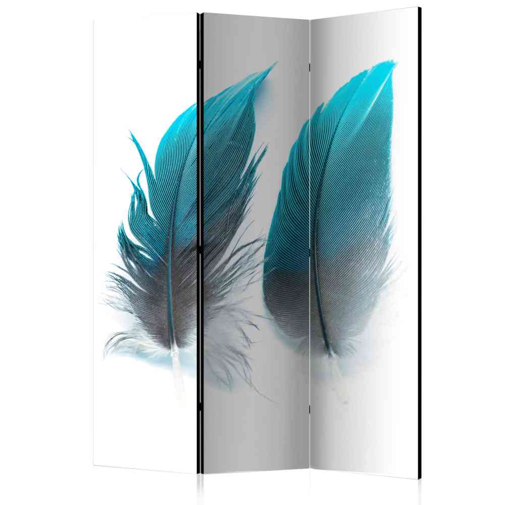 Hochwertiger Paravent Blaue Vogelfedern Motiv auf Vlies-Leinwand 135x172 Plazur