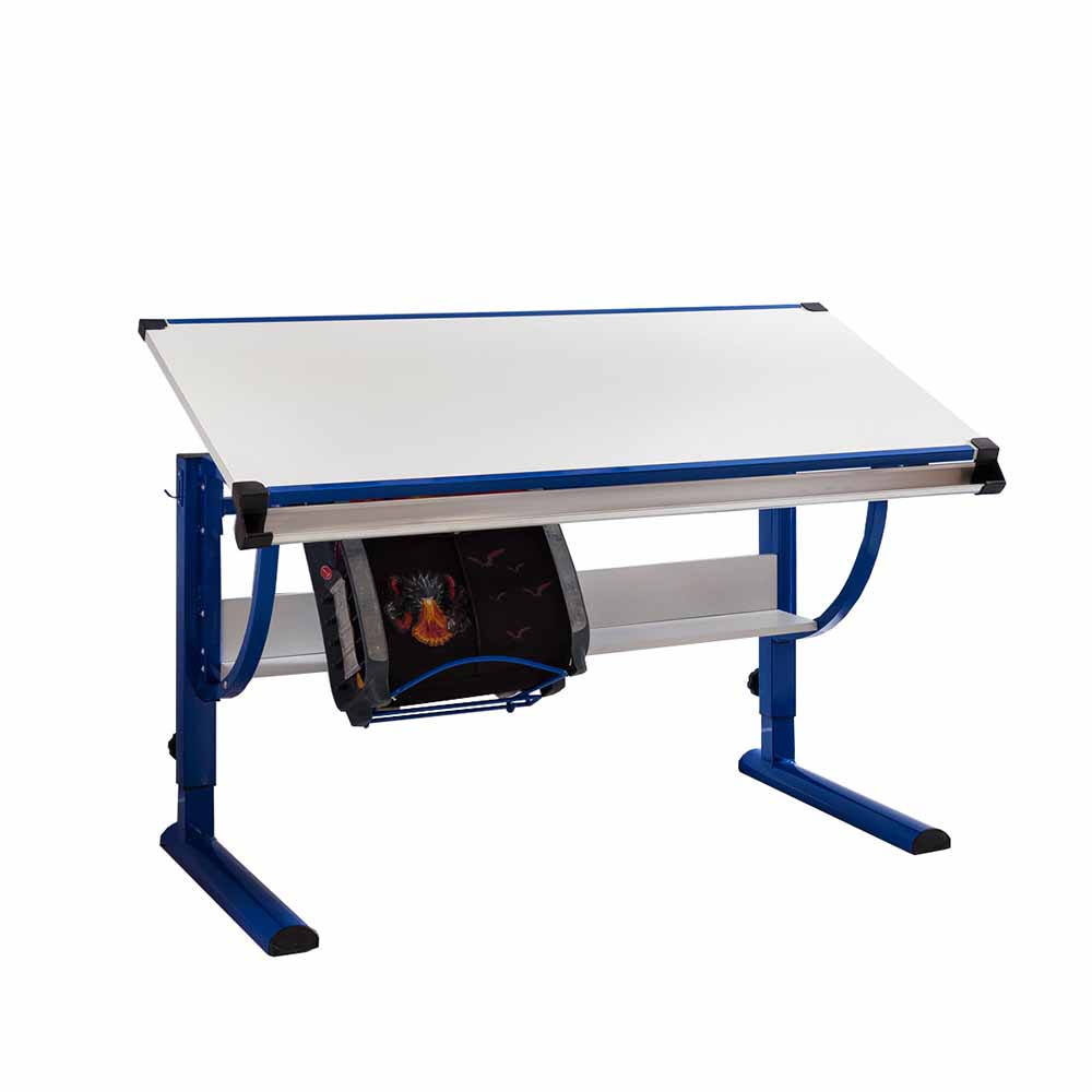 Höhenverstellbarer Kinder Schreibtisch Tischplatte neigbar und Ablage Weiß Blau Oktaria