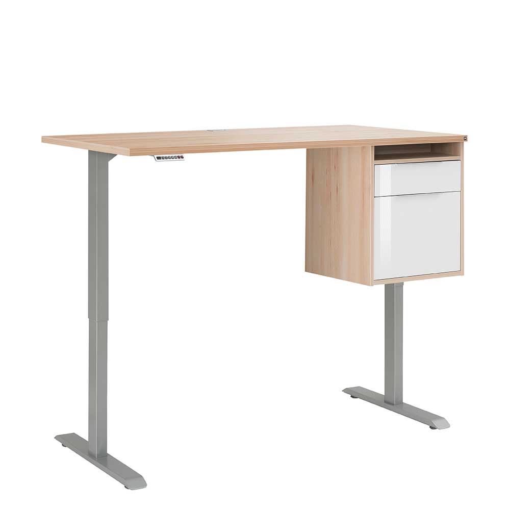 Höhenverstellbarer Schreibtisch in Buche und Platingrau & Weiß Hochglanz Viraldina