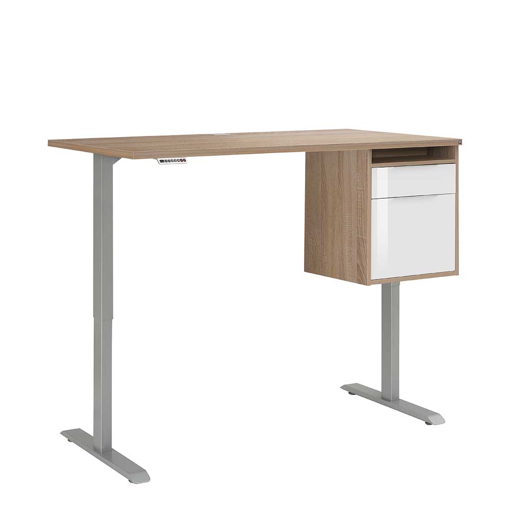 Höhenverstellbarer Schreibtisch mit Stauraum in Sonoma-Eiche & Weiß Cisnus