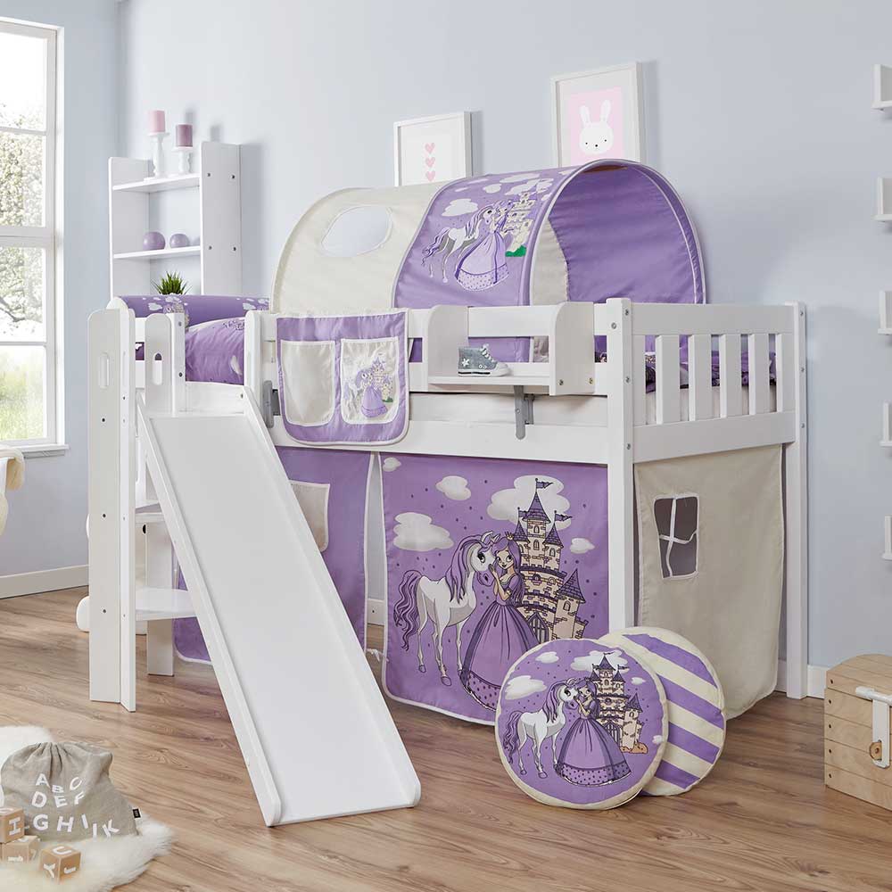 Hohes Kinderbett mit Rutsche schräg in Weiß mit Stoff Prinzessin Lila Centauras
