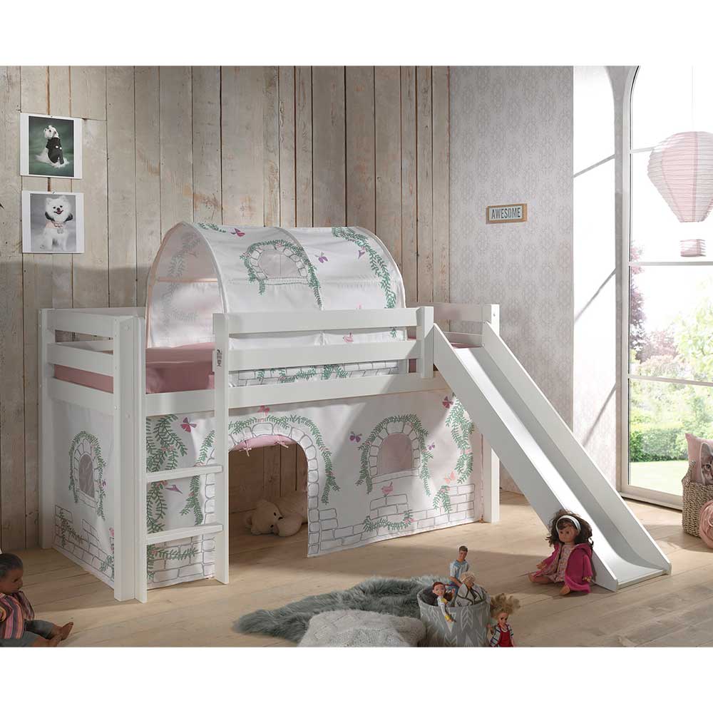 Hohes Spielbett für Mädchen in Weiß - optional mit Rutsche Zurico