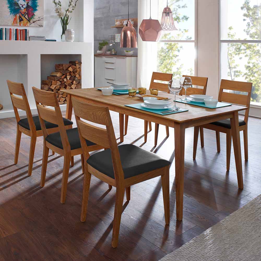 Holz Esstisch mit Stühlen Wildeiche massiv mit Kunstleder in Schwarz Likes