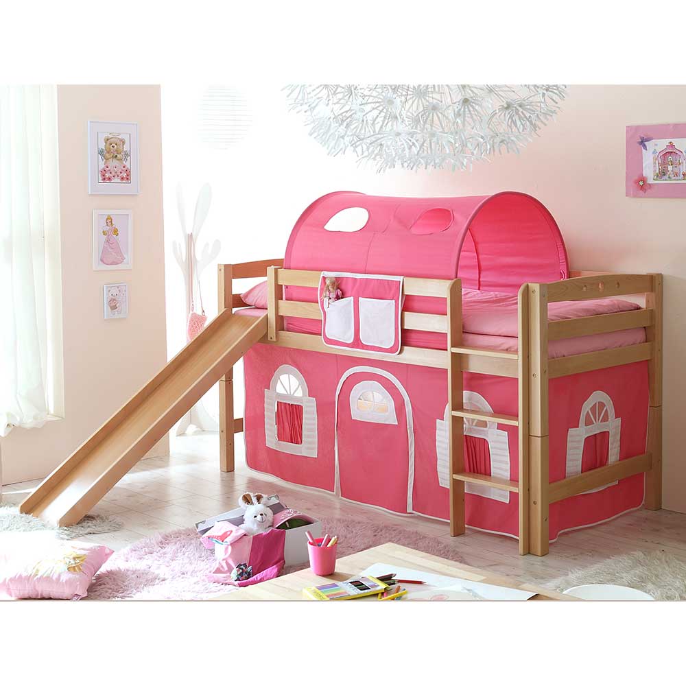 Holz Mini-Hochbett mit Rutsche & Stoffset in Pink Weiß Nicuda
