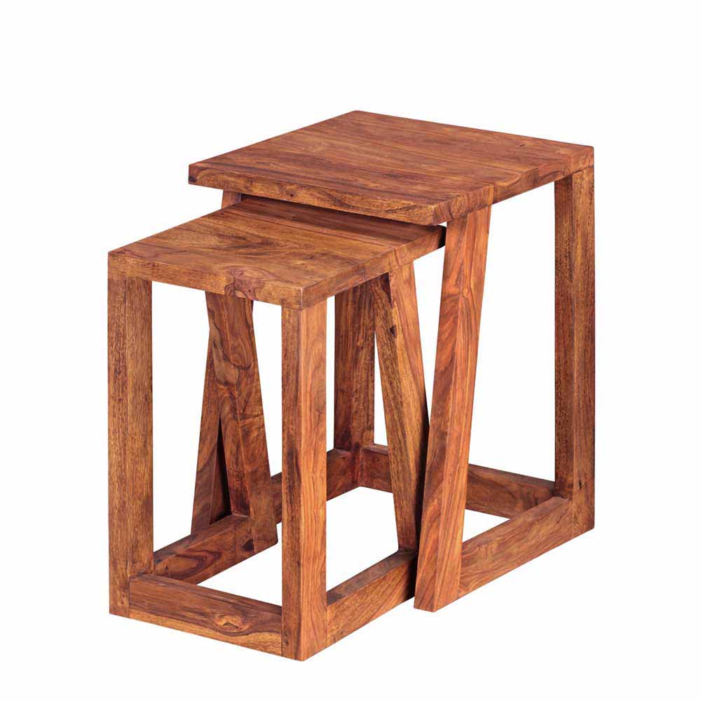 Holz Tische Set ineinander schiebbar Sheesham Massivholz klar lackiert Hoslo