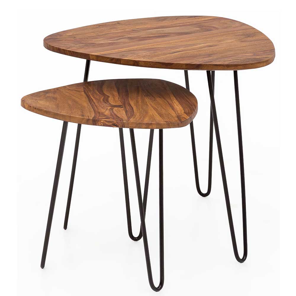 Holz Zweisatztisch im Wankel Design mit Haarnadel Beinen Solineza