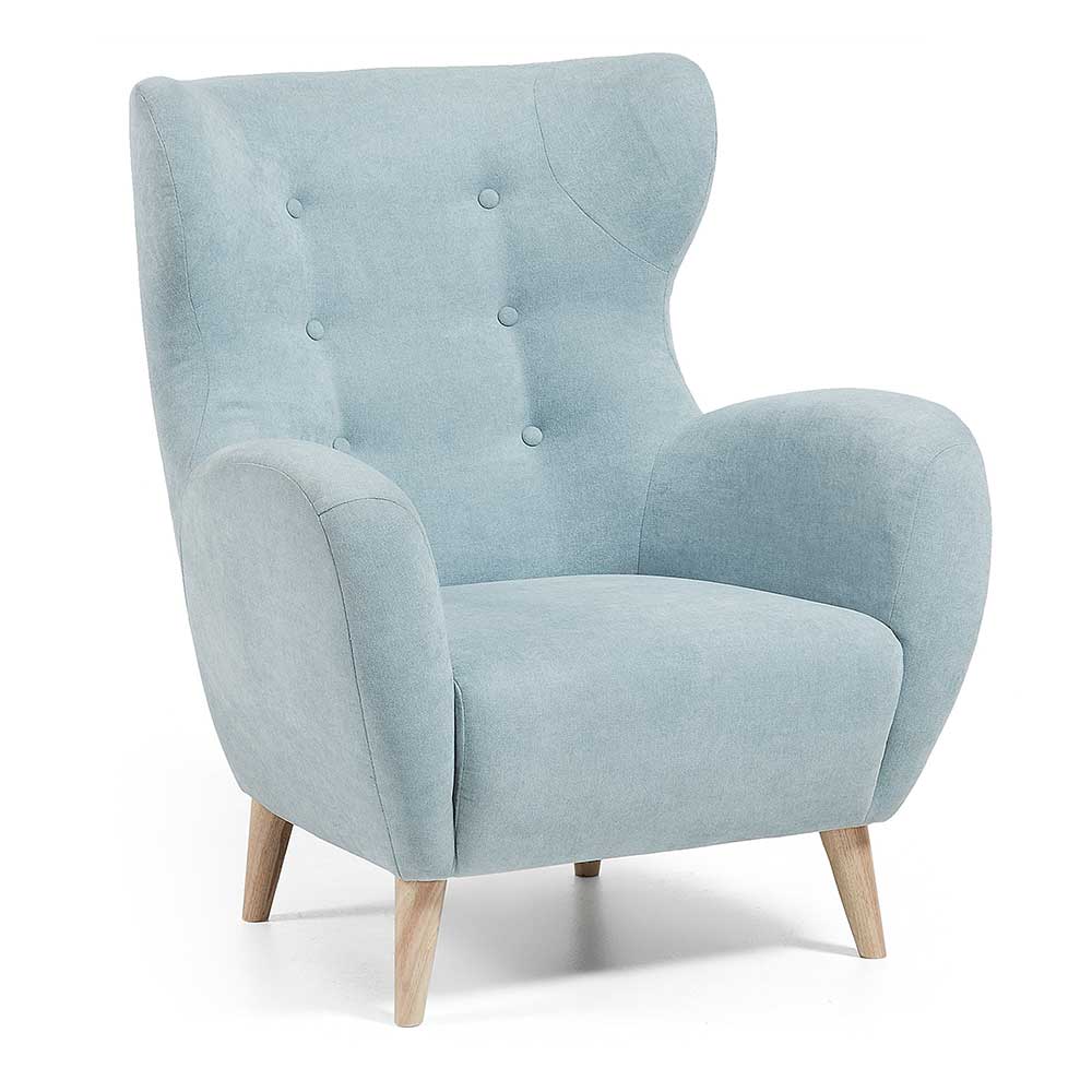 Hygge Sessel Hellblau mit Massivholz Retro Ohrensessel Design Bildo