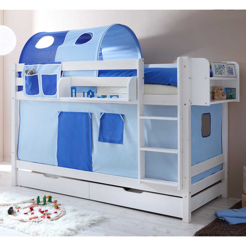 Jungenzimmer Stockbett aus weißer Kiefer mit Textil Set in Blau Response