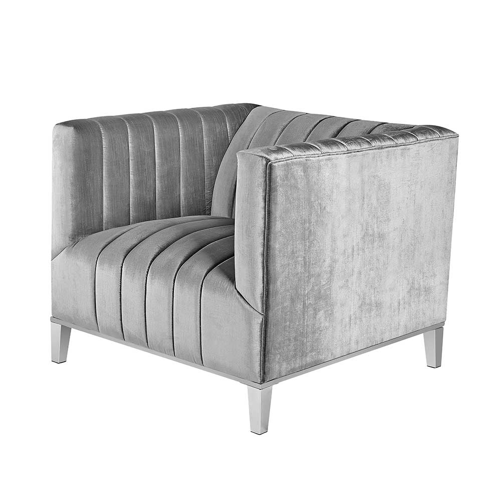 Kantiger Sessel in Grau Samt Streifensteppung mit Metallfüßen Martana