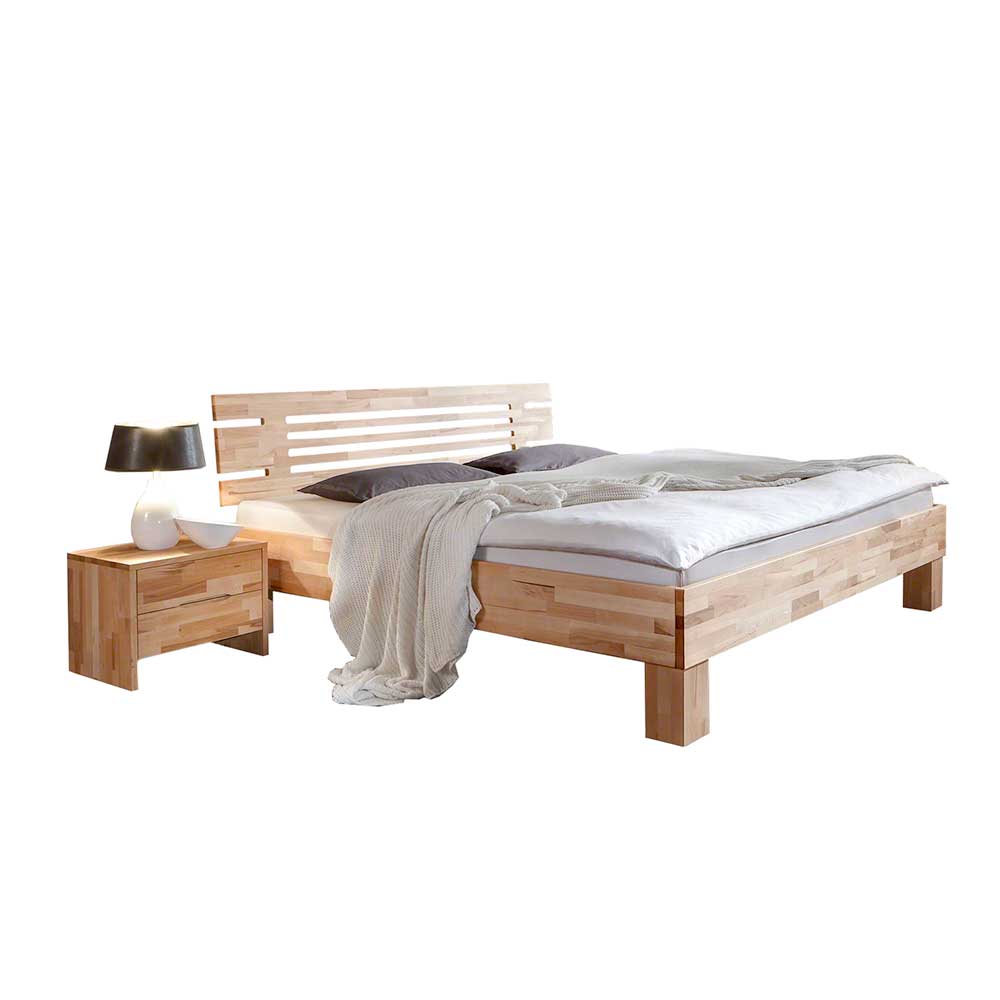 Kernbuche Massivholzbett Nachttisch Bett mit Lamellen-Kopfteil Bevallia