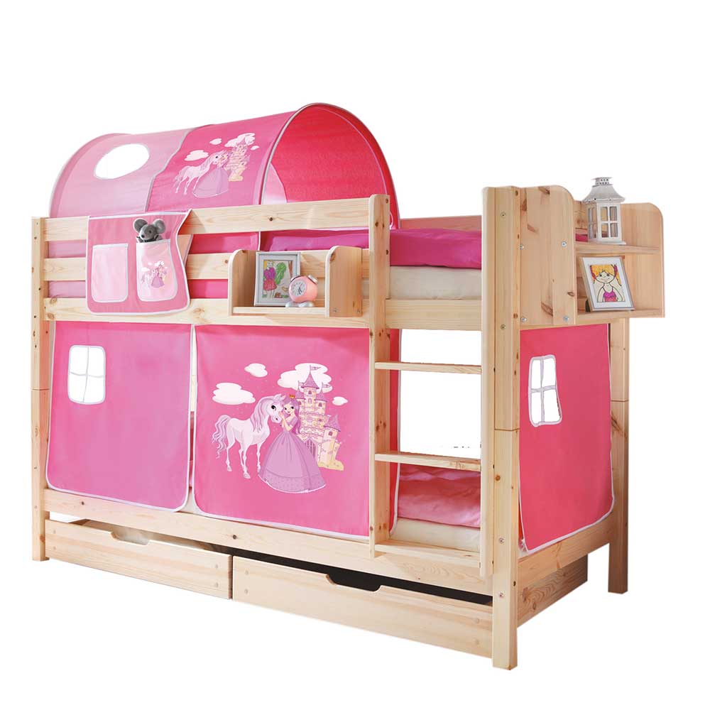 Kiefer Natur Mädchen Stockbett mit Stoff-Set in Pink mit Prinzessin & Pfer Alasdair