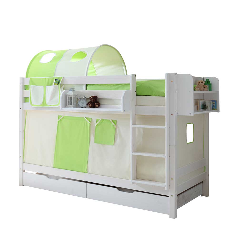 Kinder Holz Etagenbett in Weiß mit Stoff-Set in Hellgrün & Beige Denys