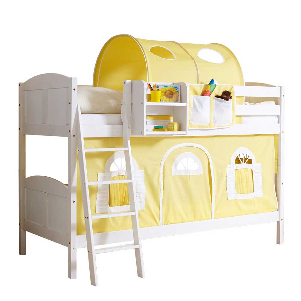 Kinder Massivholz Doppelstockbett in Weiß mit Stoff Zubehör in Gelb Emrany