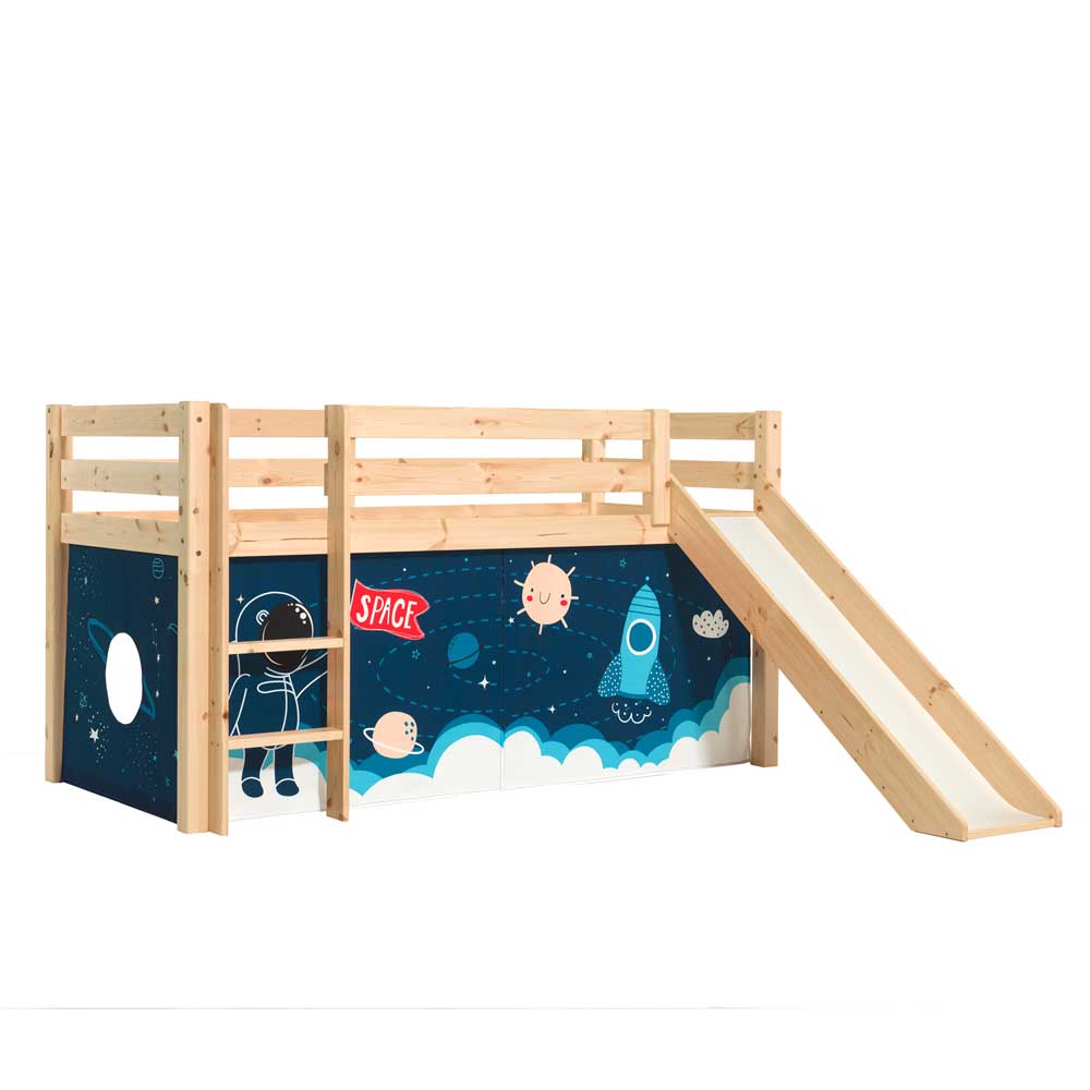 Kinder Rutschbett mit Vorhang Weltall aus Kiefer Massivholz Ciadas