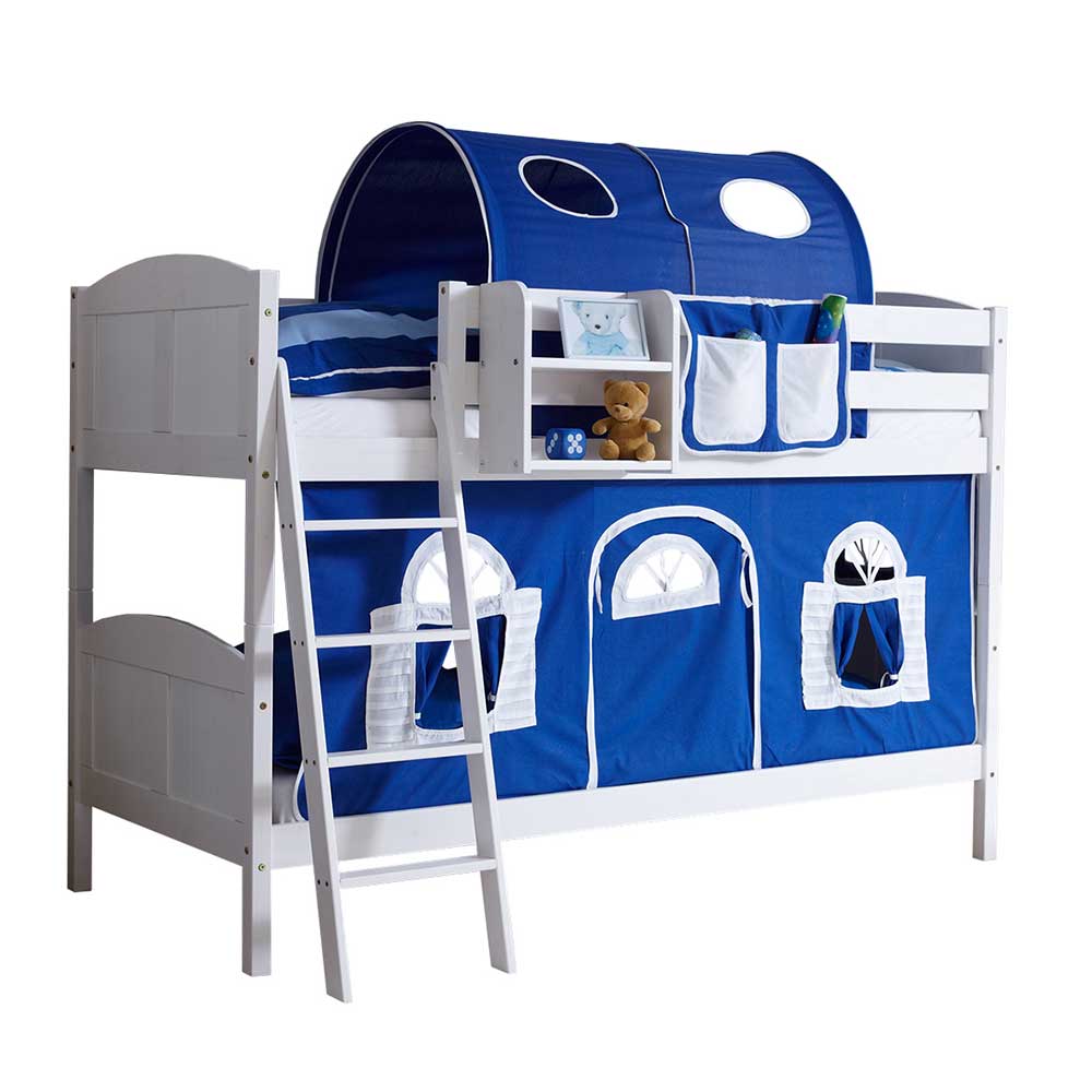 Kinder Vollholz Etagenbett in Weiß & Blau inklusive Regal & Stoff Continento