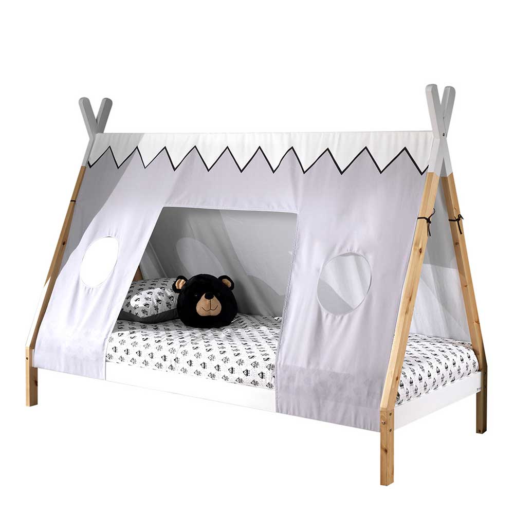 Kinderbett im Zelt Design in Weiß & Hellgrau & Natur mit Vorhang Nutures
