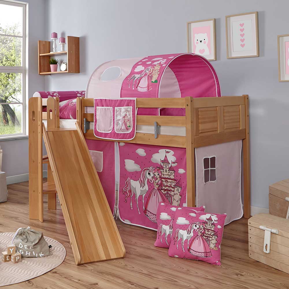 Kinderhochbett Podestbett mit Schrägrutsche & Stoffset Pink Pferd Paminia