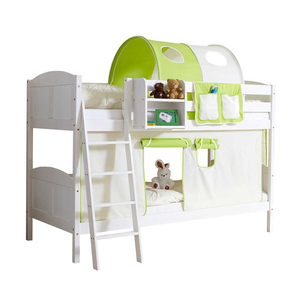 Kinderzimmer Doppelstockbett mit Tunnel & Vorhang in Grün Beige Woodny
