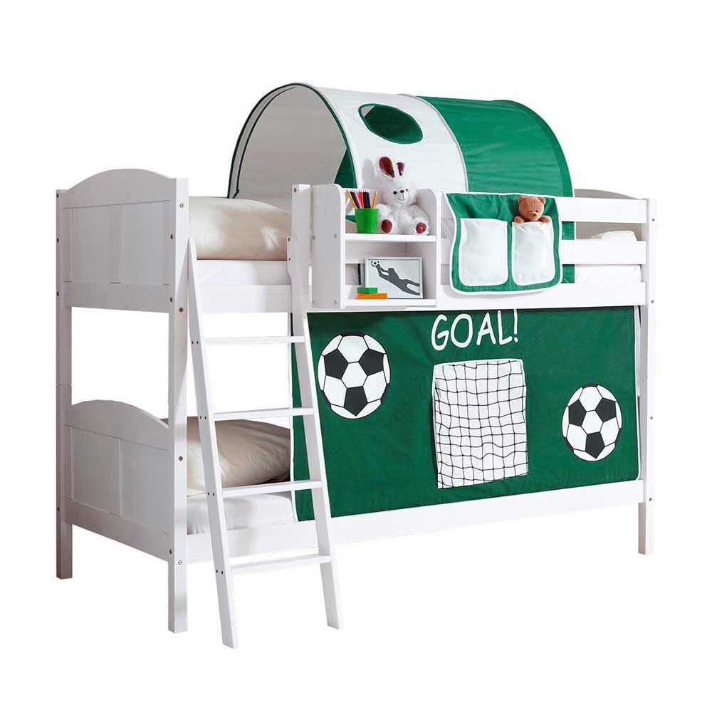 Kinderzimmer Fußball Etagenbett in Weiß & Grün aus Kiefer Massivholz Kerym