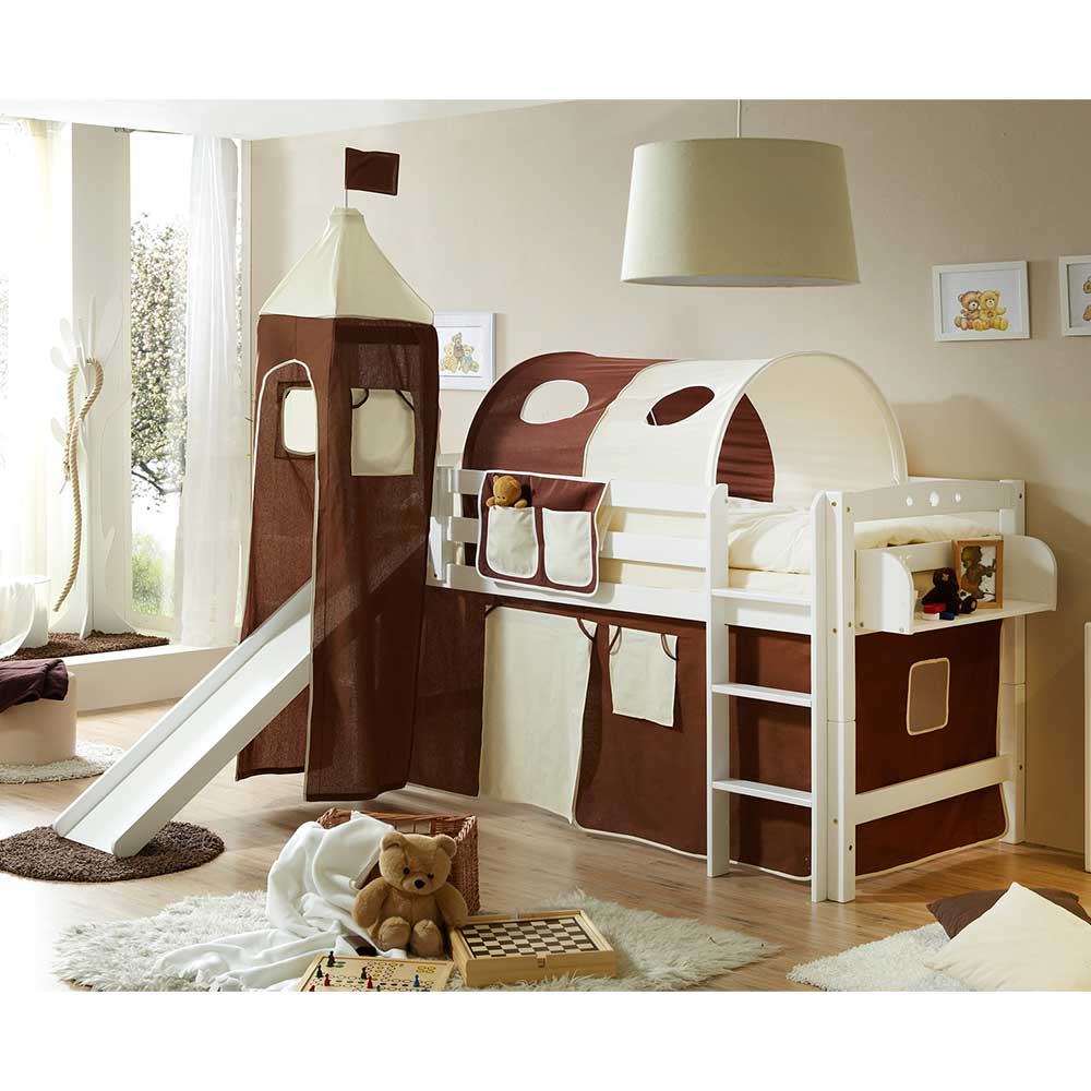 Kinderzimmer Massivholz Hochbett in Weiß aus Buche mit Rutsche Ceoni
