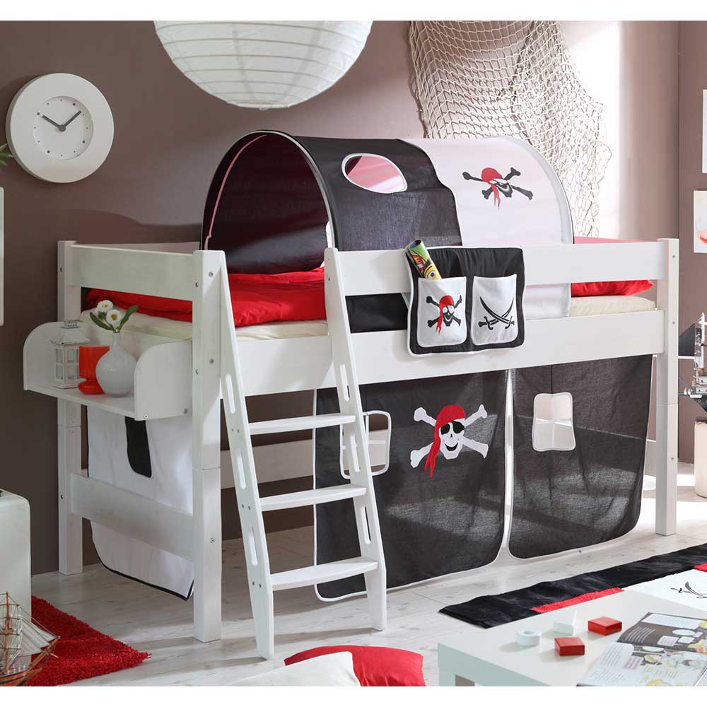 Kinderzimmer Piraten Hochbett in Weiß mit Stoff Schwarz Gustan