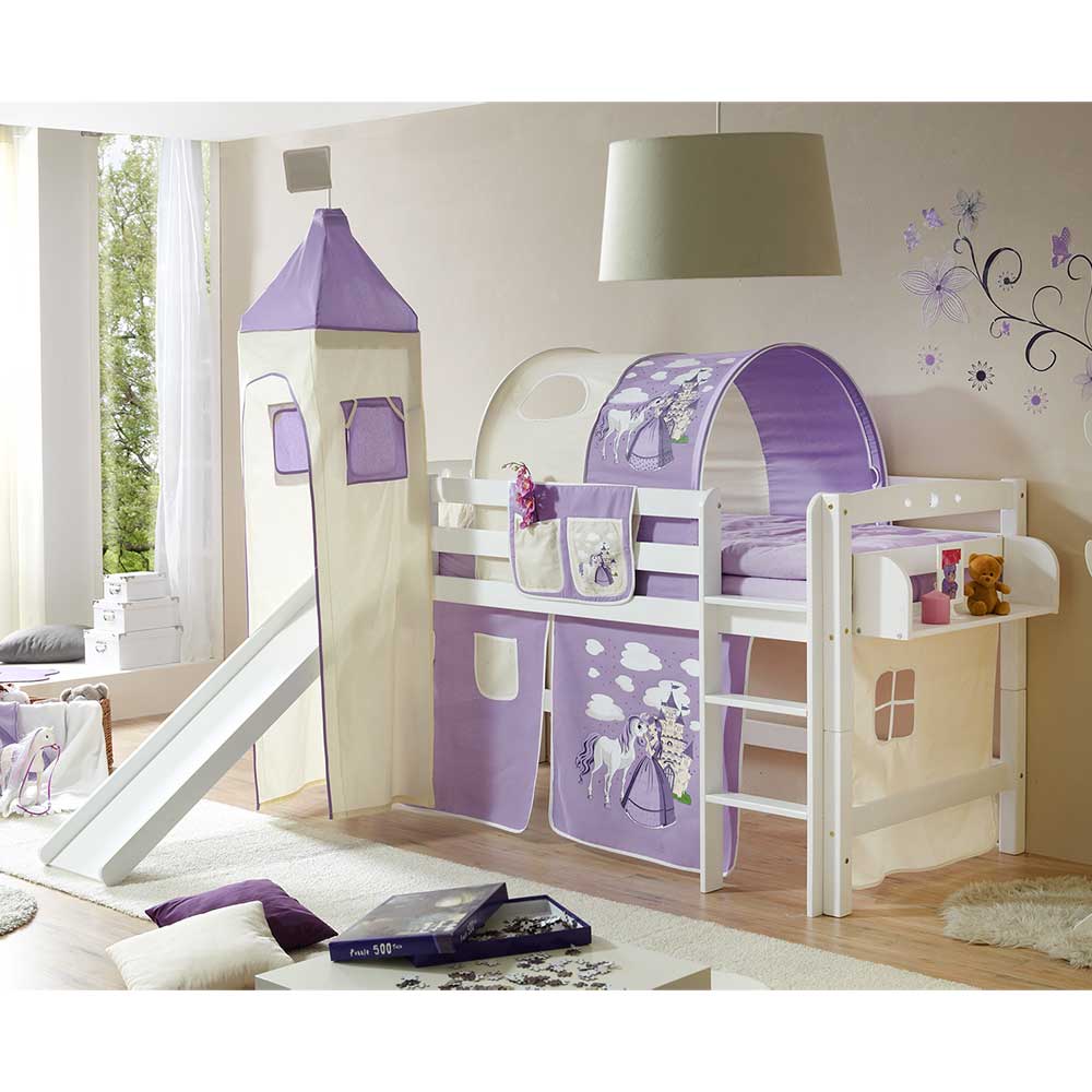 Kinderzimmer Rutsche Hochbett in Weiß & Lila mit Regal & Taschen Natar