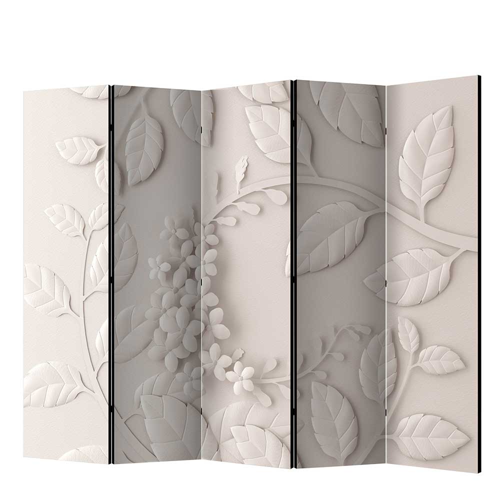 Klappbare Trennwand mit Blumen Relief Motiv in Weiß & Hellgrau bedruckt Piaremont