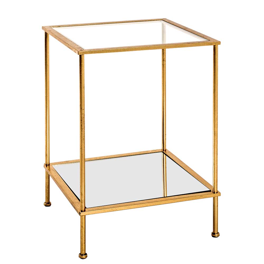Kleiner Glastisch mit Spiegel Zusatzablage & Stahlgestell in Gold Sharky