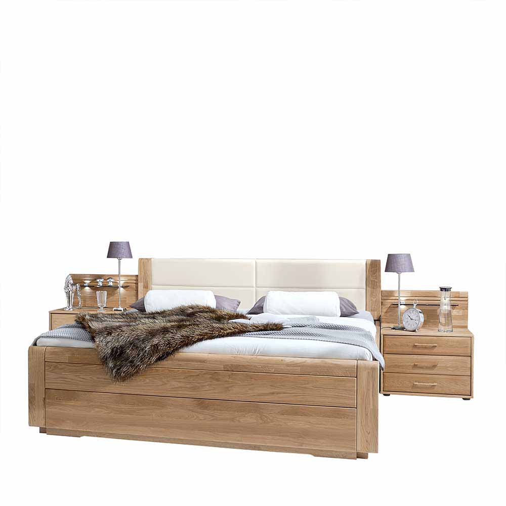 Komfort Doppelbett Nachttisch Set Eiche teilmassiv Kunstleder Creme Anglesia