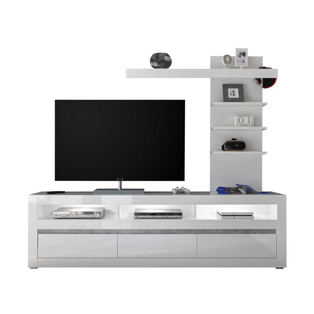 Kompakte TV Wand in Weiß Hochglanz mit Lowboard & Regal Mextra