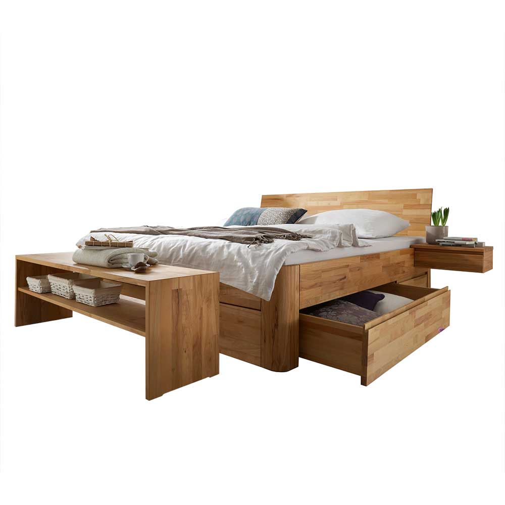 Komplett Doppelbett Set aus Holz mit Bettbank & Nachttischen Jecana