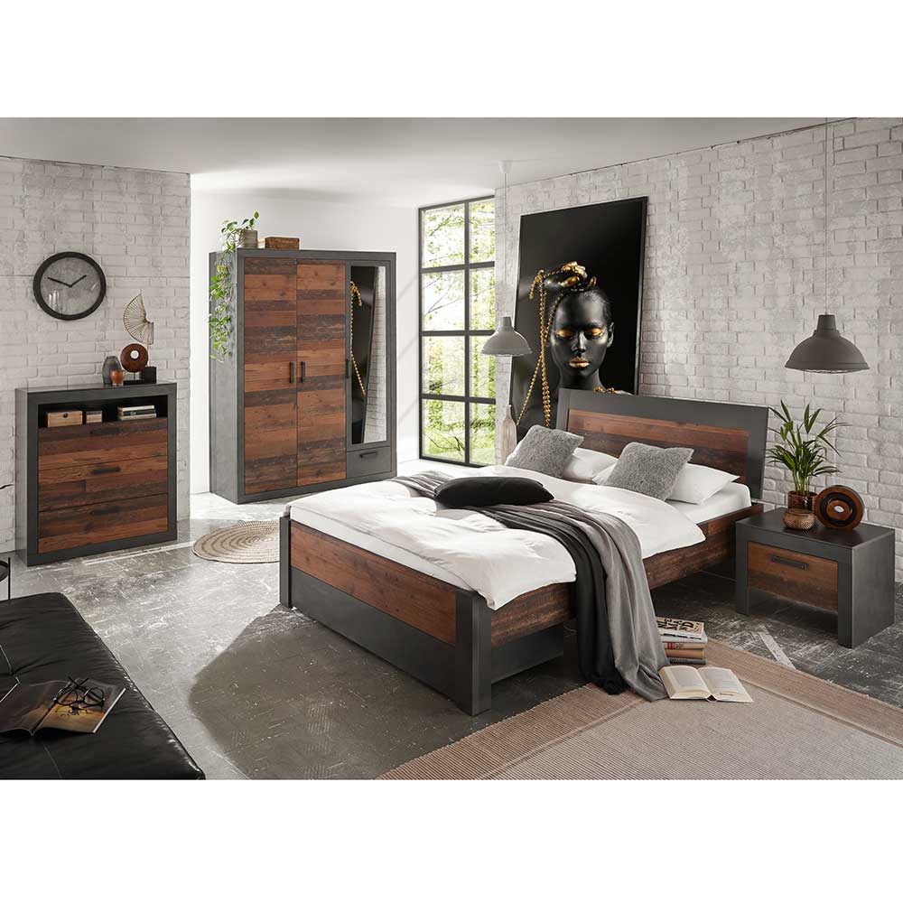 Komplett-Set Schlafzimmer Möbel in Holz Antik Dekor & Grau Timuras