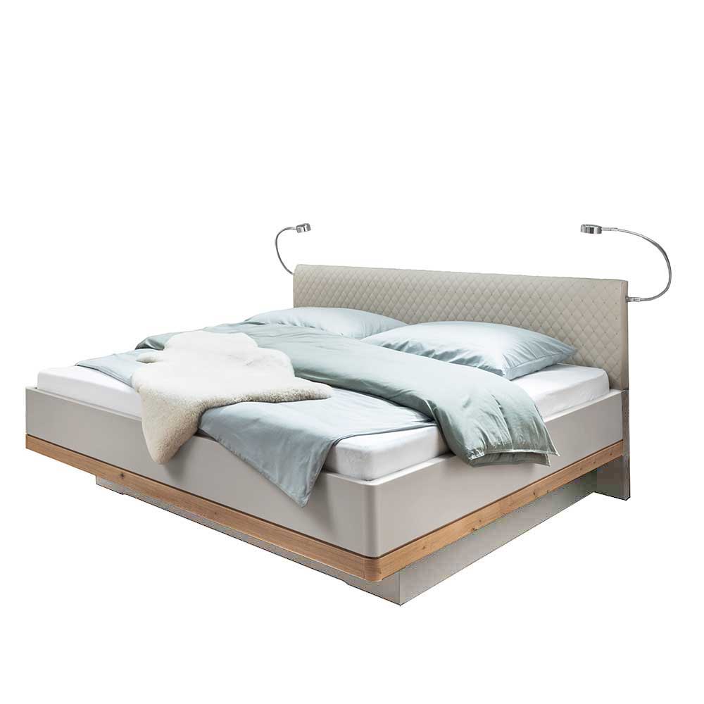 Kunstleder Design Bett mit Licht am Kopfteil in Beige & Eiche Bianco Crascanu